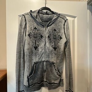 Vocal Gray Washed Zip-Up Hoodie with Studded Cross Appliqués